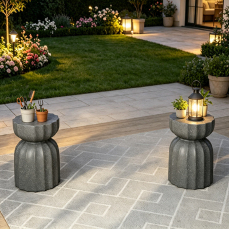 Ensemble de 2 tables basses et tables d'appoint modernes 2 pièces, table de bout en ciment imperméable MgO, meubles d'appoint robustes gris pour le patio intérieur et extérieur