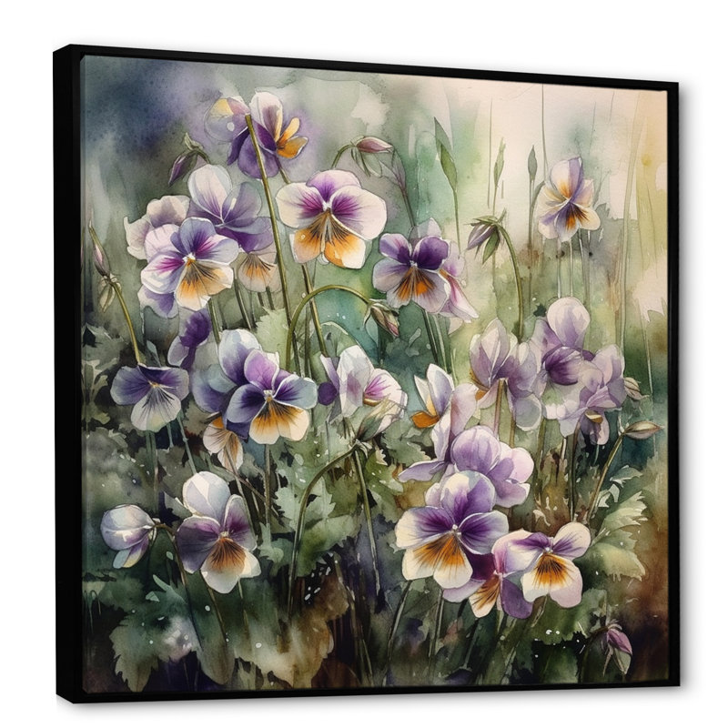 Pétunias florissants mauves sur toile, H 16 po x l 16 po x P 1 po, Cadre flottant noir