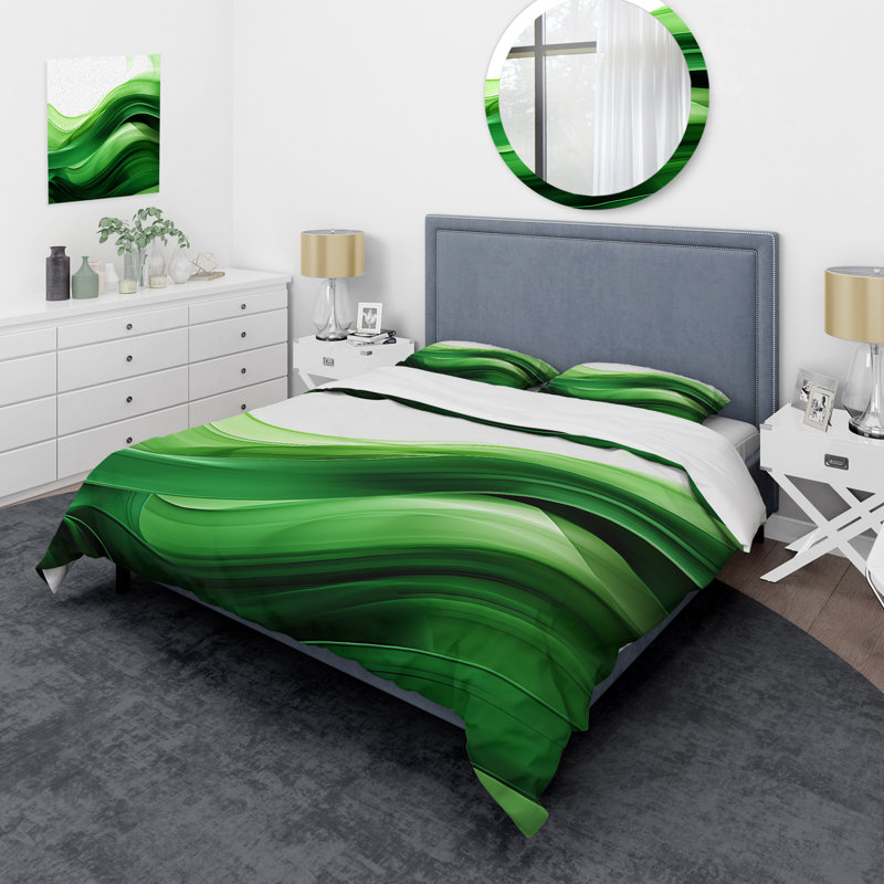 Green and White Fractal Waves I - Ensemble de housse de couette Abstract Fractal