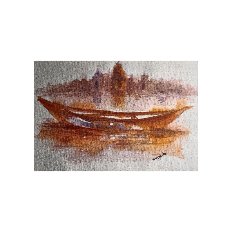 Floating Boat In The River | Watercolor On Paper | By Raj Kumar Singh