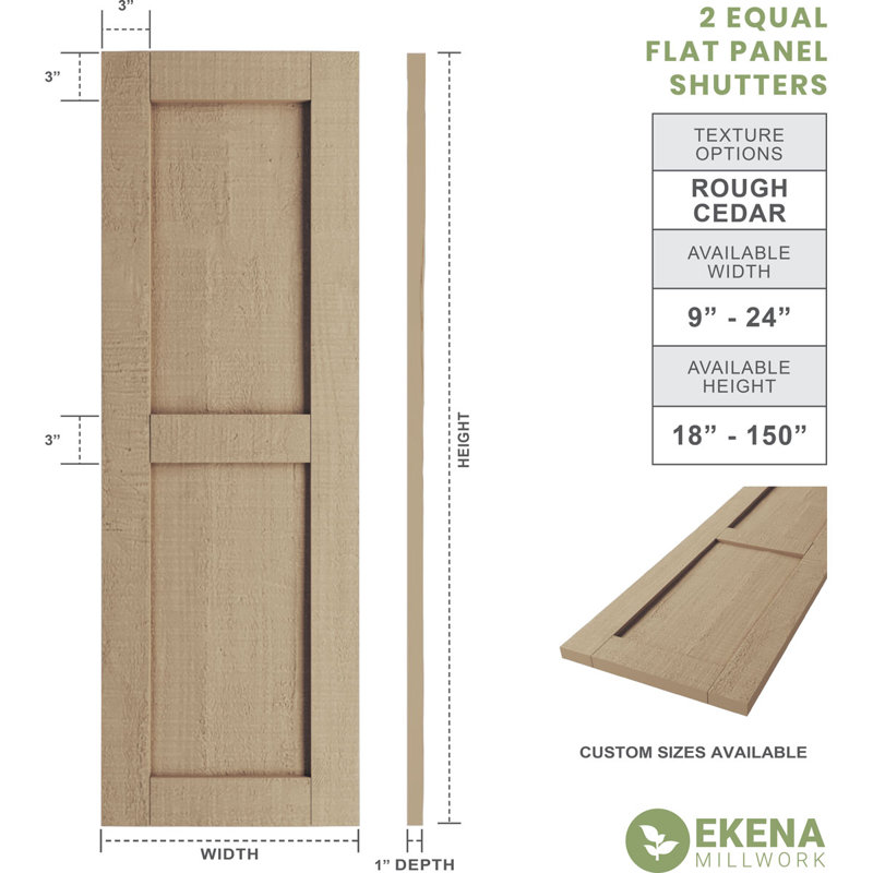 Rustic Two Equal Panel Flat Panel Faux Wood Shutters (Per Pair), Rough Cedar Texture/Primed Tan, 18", 52"