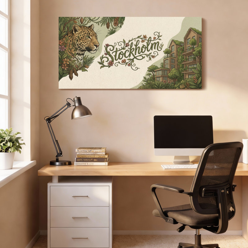 Ensemble de 1 toile tendue représentant un léopard et un paysage urbain floral de Stockholm, H 12 po x l 36 po
