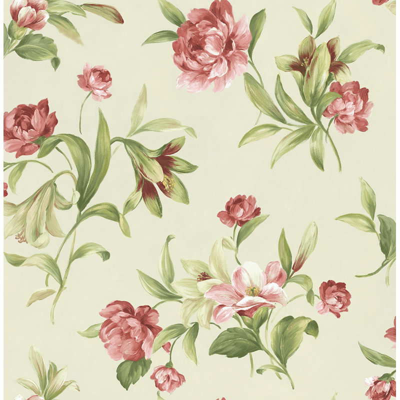 Seabrook Designs  Giverny Floral Leaf Unpasted Wallpaper, Metallic Champagne/Ruby