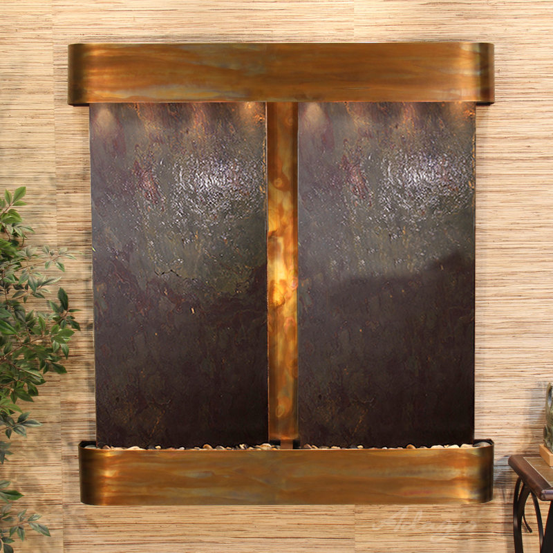 Aspen Falls Natural Stone Fountain with Light, Rustic Copper, Multi-Color Feather