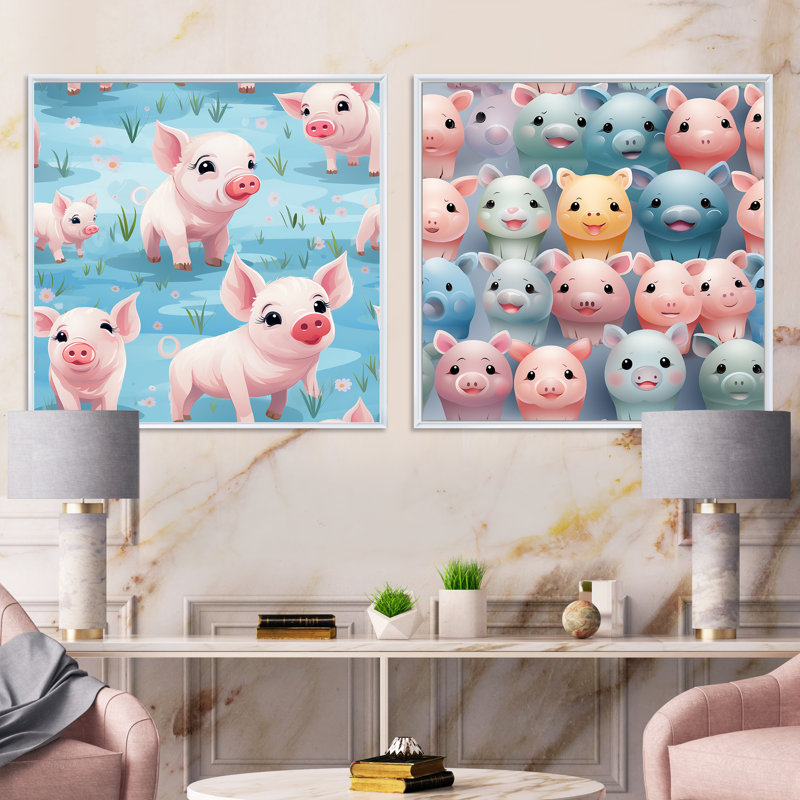 Papier peint mignon avec  pour enfants - animaux, ensemble de 2 collages carrés, H 36 po x l 73 po, Cadre flottant blanc