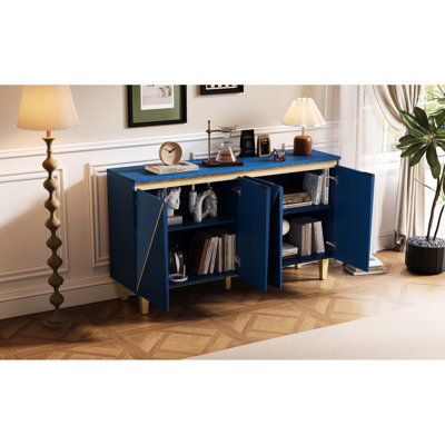 4-Door Retro Buffet With 60" Dimensions, Adjustable Shelving, Soft-Close Hinges, Distressed Wood Veneer For Entry Sideboard 4 Vintage Doors, Dimensional Folding, Shelves, Solid Legs And Cable Holes