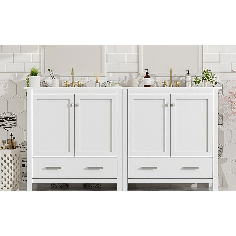 Meuble-lavabo de 60 po, lavabos doubles, options de rangement, style moderne - Transformez votre esthétique avec des tablettes intégrées, des poignées élégantes embellissent la salle de bain
