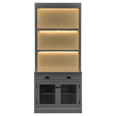 White Modern 83.4" Bookcase Suite With Led Lighting, 2 - Piece Including Transparent Glass Doors And Drawers For Bedroom Organization