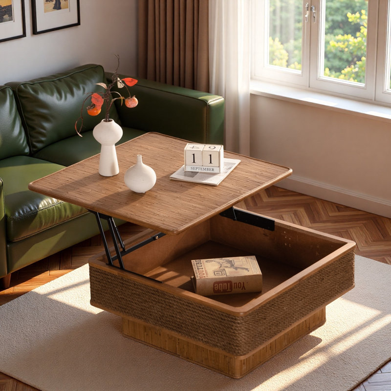 Table basse 31,52 "carrée en rotin + corde de chanvre avec mécanisme de levage et espace de rangement caché