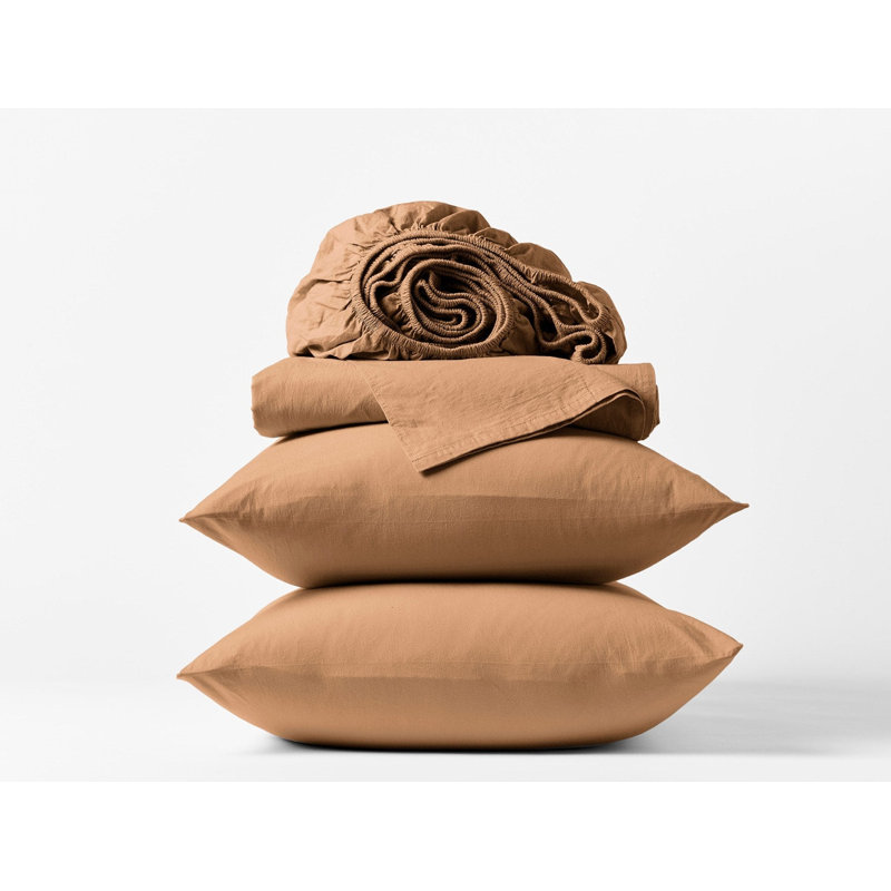 Organic Crinkled Percale 100% Cotton Percale Sheet Set, King Sheet Set with 2 Pillowcases, Ginger