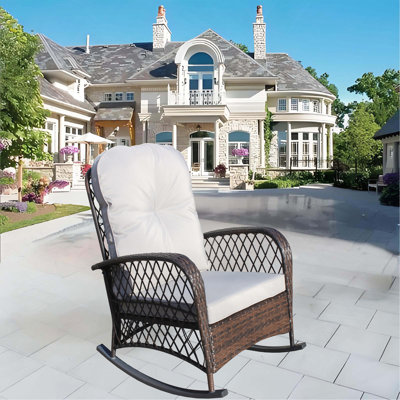 Outdoor Wicker Rocking Chair with Wide Seat, Thick, Soft Cushion, Rattan Rocker w/Steel Frame, High Weight Capacity for Patio, Garden, Backyard, Grey Cushion