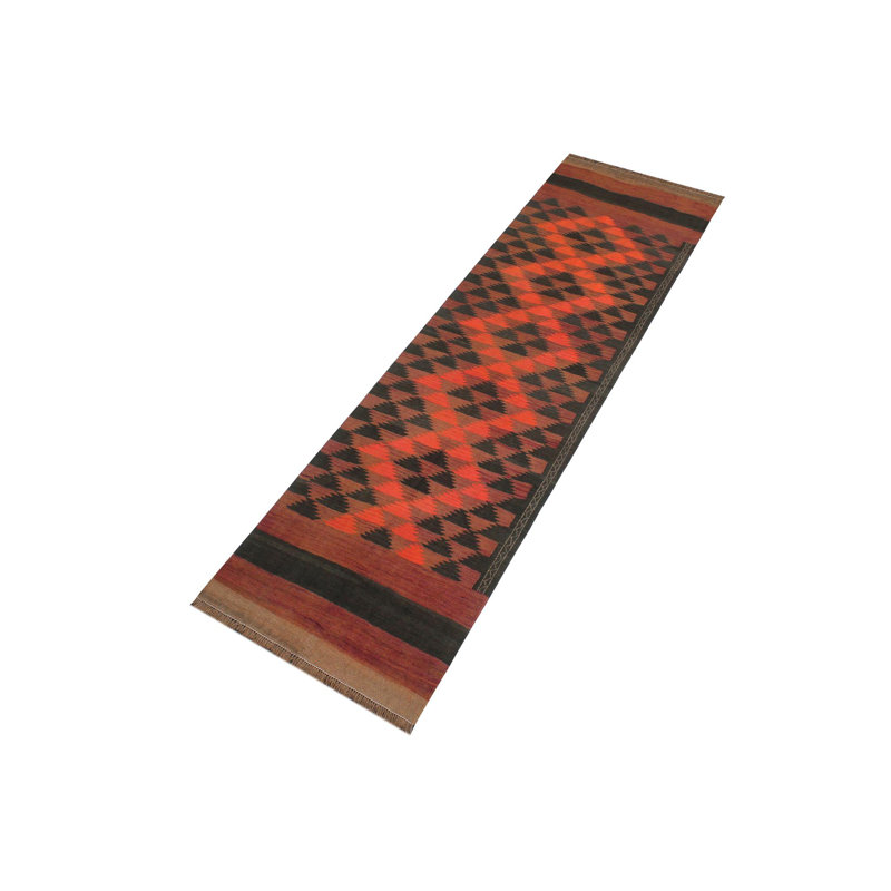 Tapis rouge / noir en laine noué à la main à motif géométrique 3 pi 5 po x 10 pi 1 po Bahadir