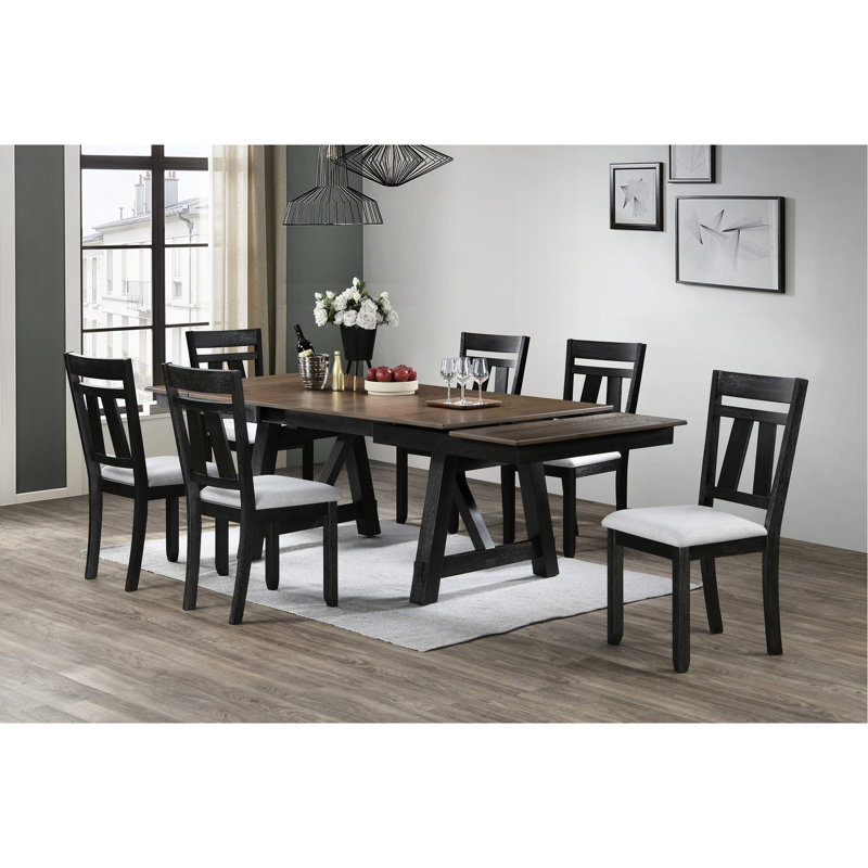 Table de salle à manger extensible 5 pièces de style maison de campagne transitionnelle, bois massif, finition gris anthracite blé, chaises rembourrées, 2 tiroirs de 14 po, 6 places assises pour la conception en bois, avec des feuilles autoportantes, espace