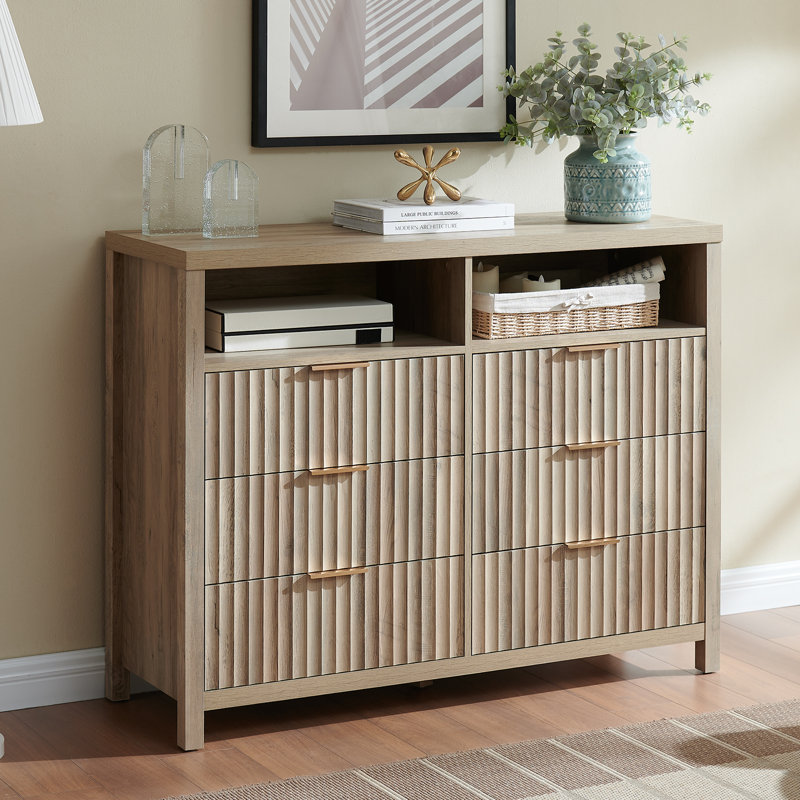 Commode 6 tiroirs avec tablette média Arrilla, Chêne sablé