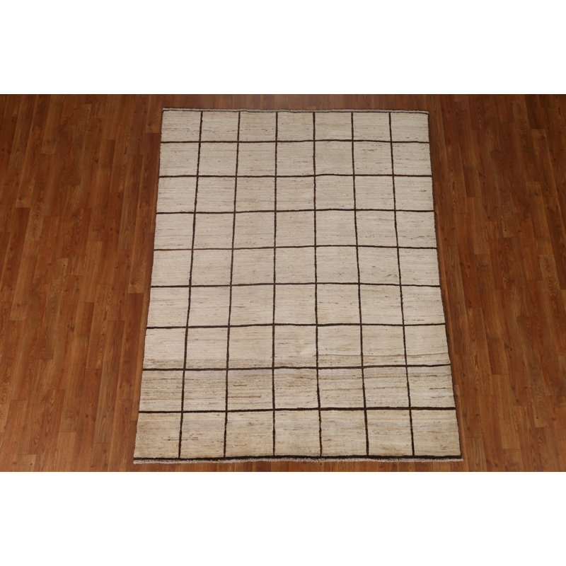 Tapis beige en laine noué à la main de conception unique 5 pi 0 po x 6 pi 6 po New Age