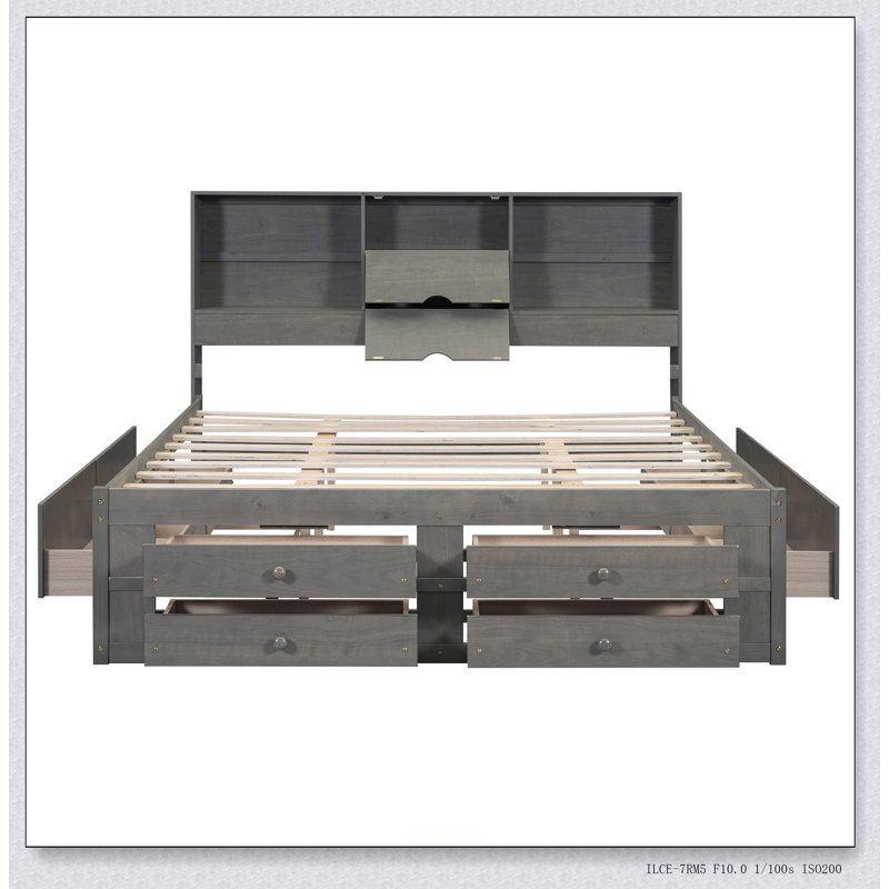 Platform Bed With Storage Headboard And 8 Drawers, Gris, Très grand lit