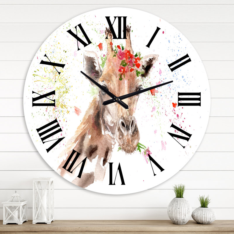 Portrait d'une girafe avec des fleurs III - Horloge murale de ferme, Grand