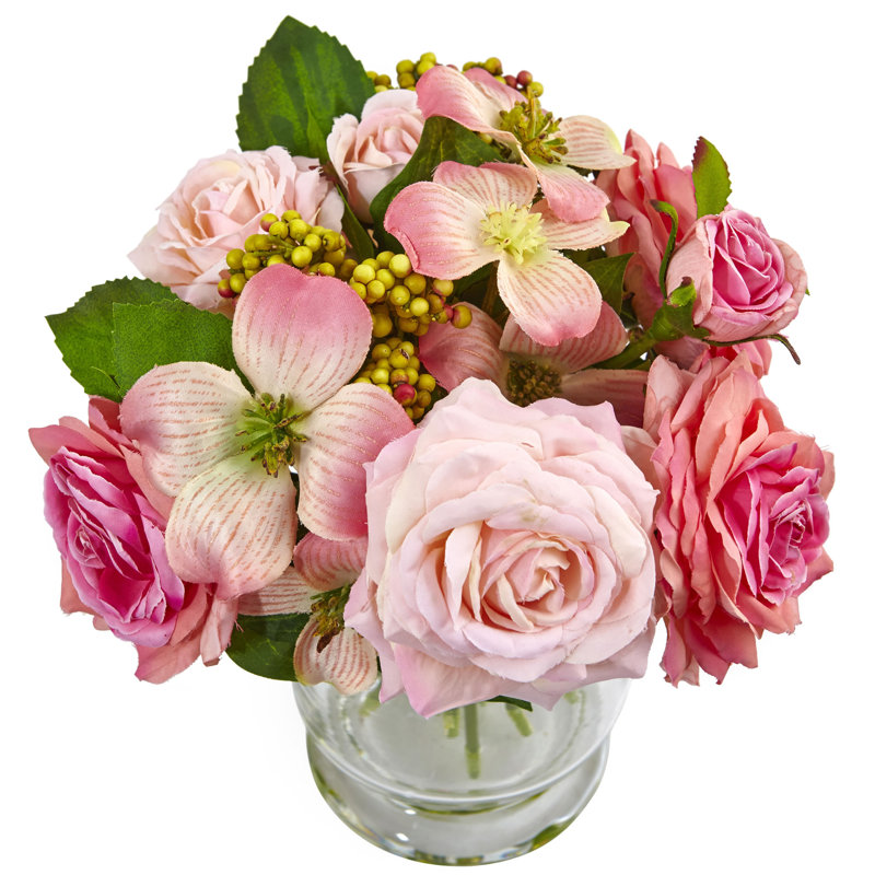 10-Inch Pink Rose and Berry Glass Vase Arrangement