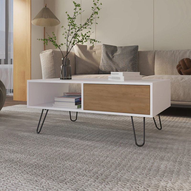 Table basse en chêne blanc et naturel avec 1 tiroir et pieds en épingle à cheveux