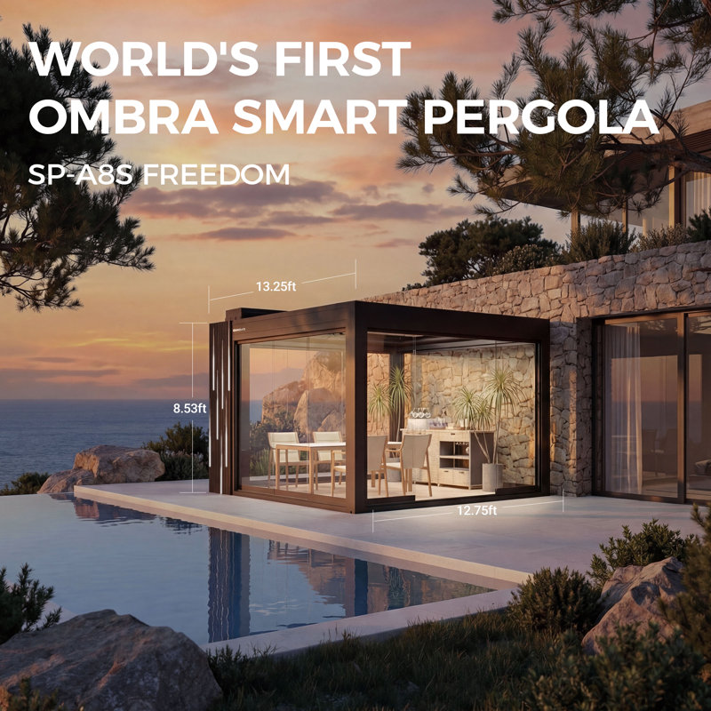Ombra Smart Pergola A8S, 102.4" H x 153.5" W x 157.5" D, Brun