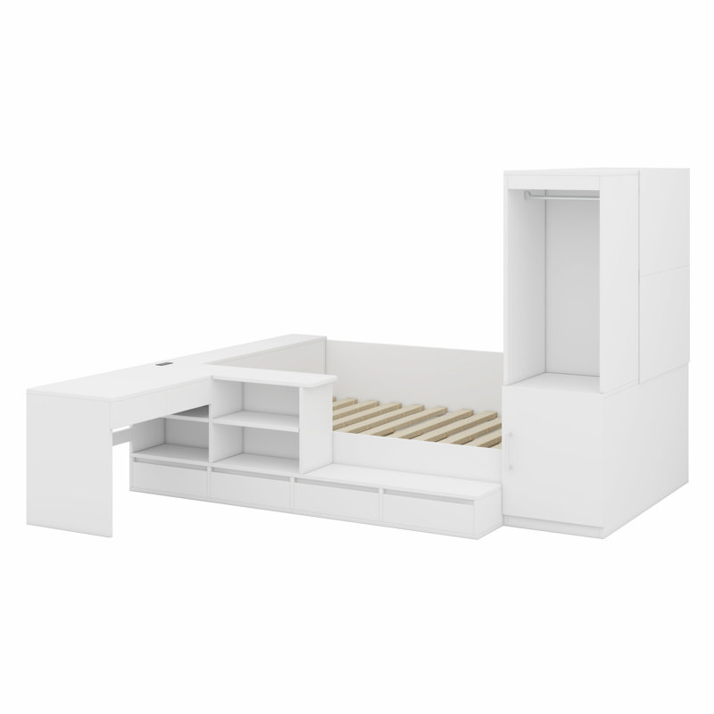 Lit plateforme avec tiroirs, tablettes, bureau et garde-robe, blanc