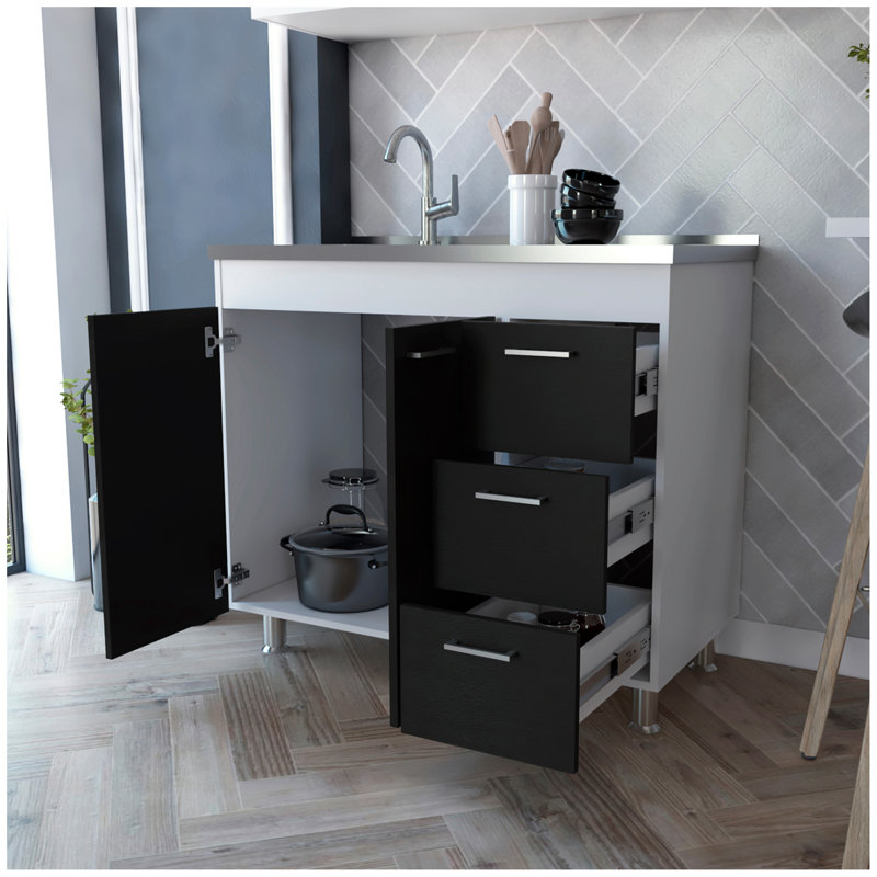 Armoire Ferretti, trois tiroirs, double porte, quatre pieds - blanc / noir