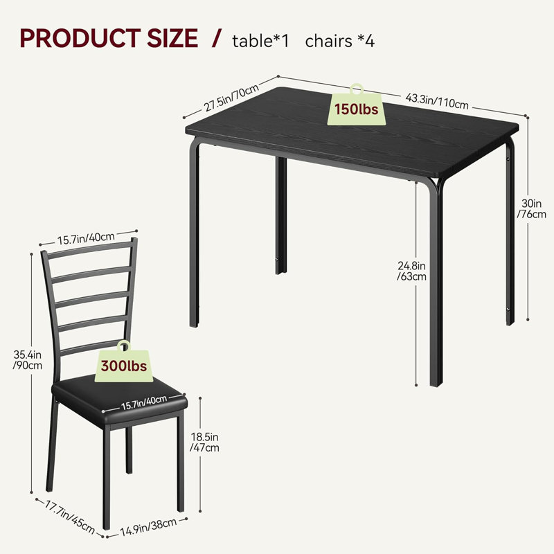 4 - Person Four Leg Dining Set, Black, 30"H x 43.30"L x 27.50"W, 5
