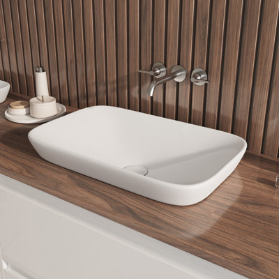 Lavabo de salle de bain semi-encastré 21 po x 13 po Salerno, vasque en porcelaine vitrifiée blanche