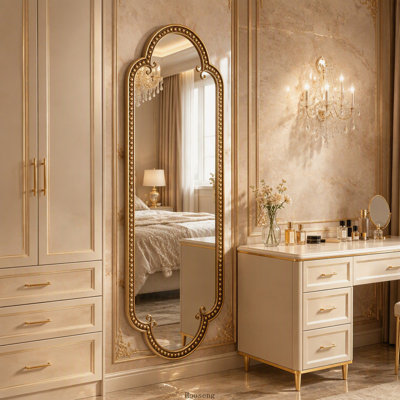 Miroir mural rond arrondi ovale festonné, cadre en métal doré perlé rétro, miroir décoratif orné pour le salon, la salle de bain, le meuble-lavabo de la chambre à coucher