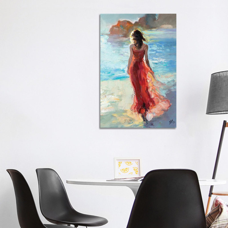 Girl In Red By The Sea by Katharina Valeeva - Wrapped Canvas Painting, 101.6 cm H x 66.04 cm W x 3.175 cm D