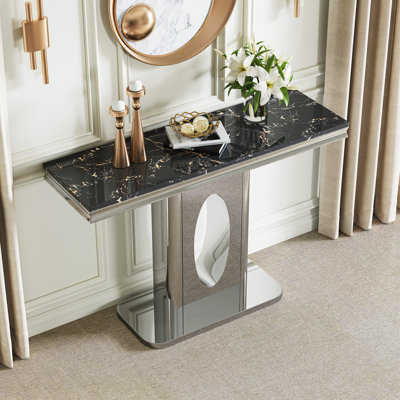 Modern Rectangular Faux Marble Console Table, 46.85" Luxury Mirrored Stainless Steel Round Hollow Base