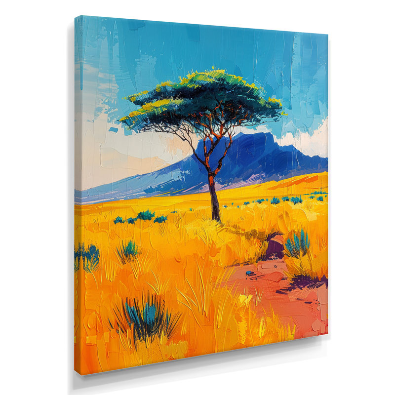 Acacia sur savane jaune - arbre, art mural africain, salon, Toile tendue, H 20 po x l 12 po x P 1 po