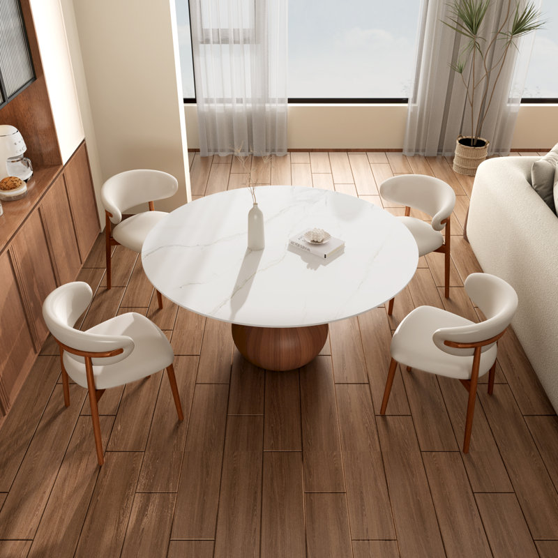 Ikerne Modern Farmhouse 47" Round Sintered Stone Pedestal Dining Table Set , White, Table, 4 chairs