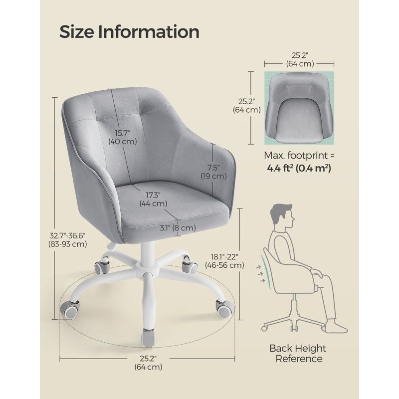 Adjustable Height Swivel Desk Chair 110 kg Load for Home Office Bedroom, Dove Grey Velvet