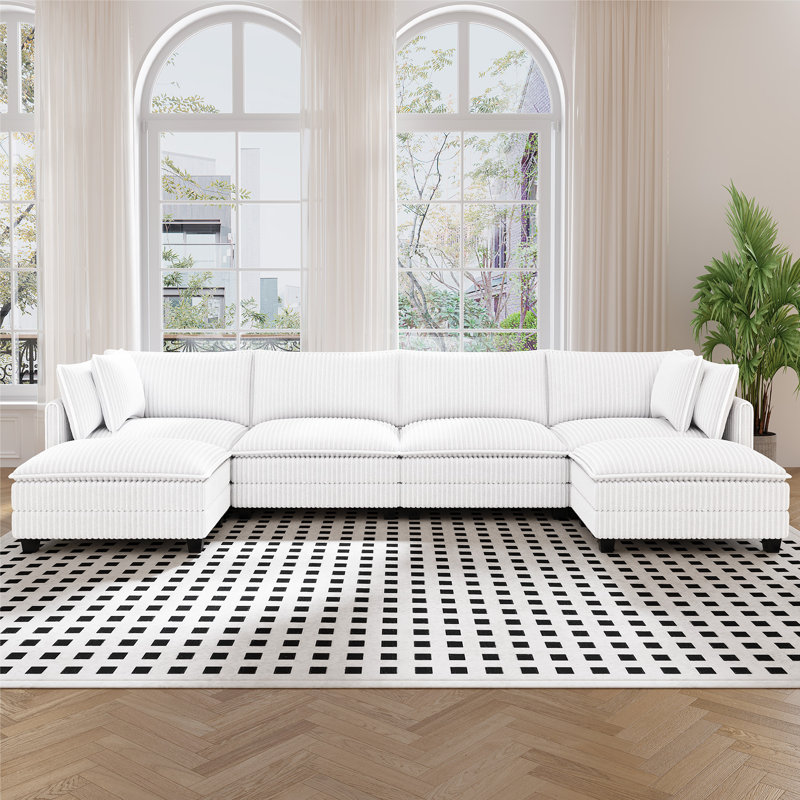 143" U Shaped Cloud Modular Sofa With 2 Ottomans, White Corduroy