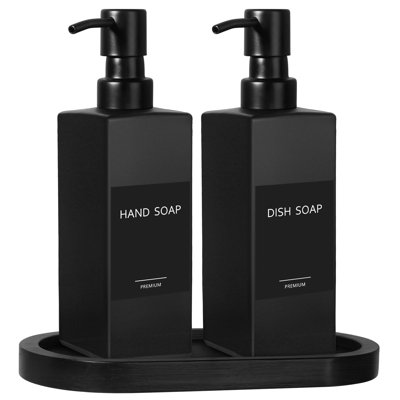 Ensemble de distributeur de savon de cuisine, distributeur de savon à main et à vaisselle, distributeur de savon liquide noir avec plateau, distributeurs de vaisselle rechargeables pour la cuisine, bouteilles de savon en verre avec pompe en acier inoxyd