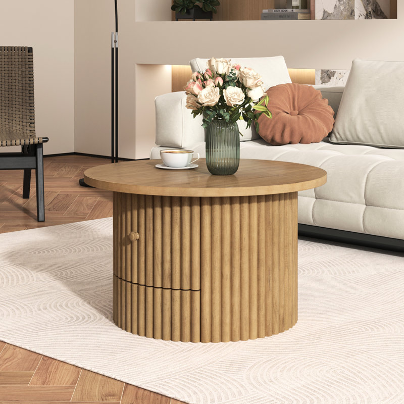 Table basse de salon rustique - ronde avec tiroir et lattes verticales robustes avec construction stable