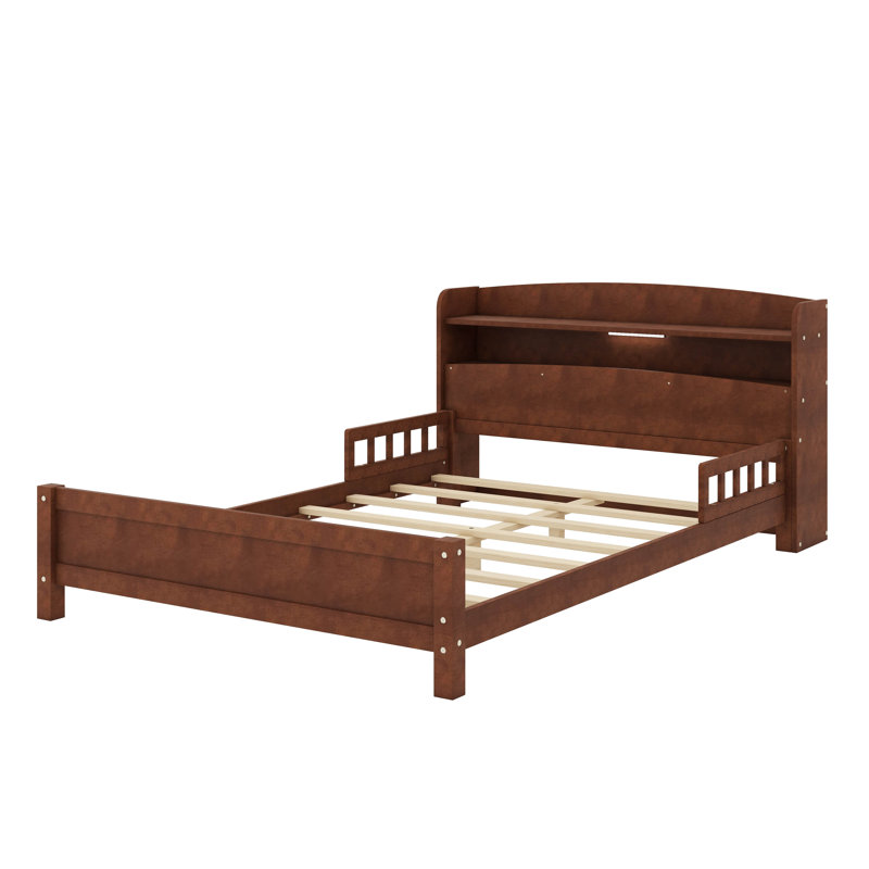 Platform Bed Featuring Bookcase Headboard And LED Motion-Sensing Light, Walnut, Full