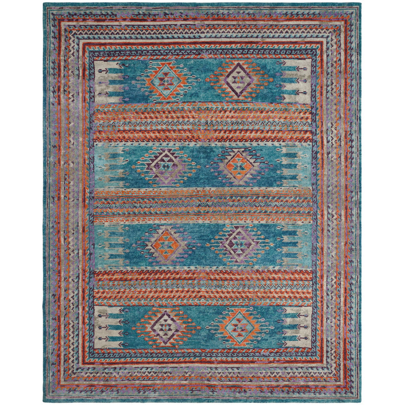 Salzer Turquoise Ember Wool Hand-Knotted Area Rug, Rectangle 10' x 14'