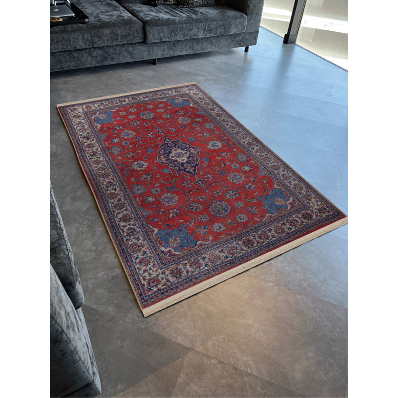 Tapis décoratif rétro à motif traditionnel rouge et bleu, Rectangle 5 pi x 8 pi 3 po