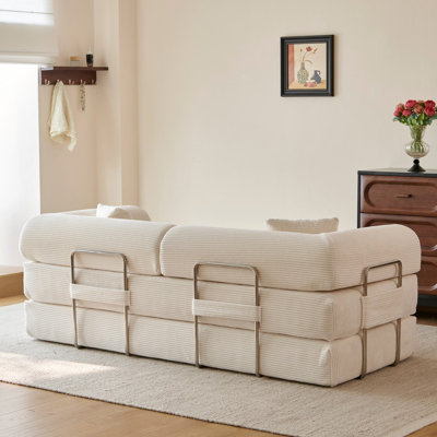 78.8" White Corduroy Convertible Floor Sofa Bed, Boneless Modular Loveseat Futon Couch with Pillow Back & Armrests