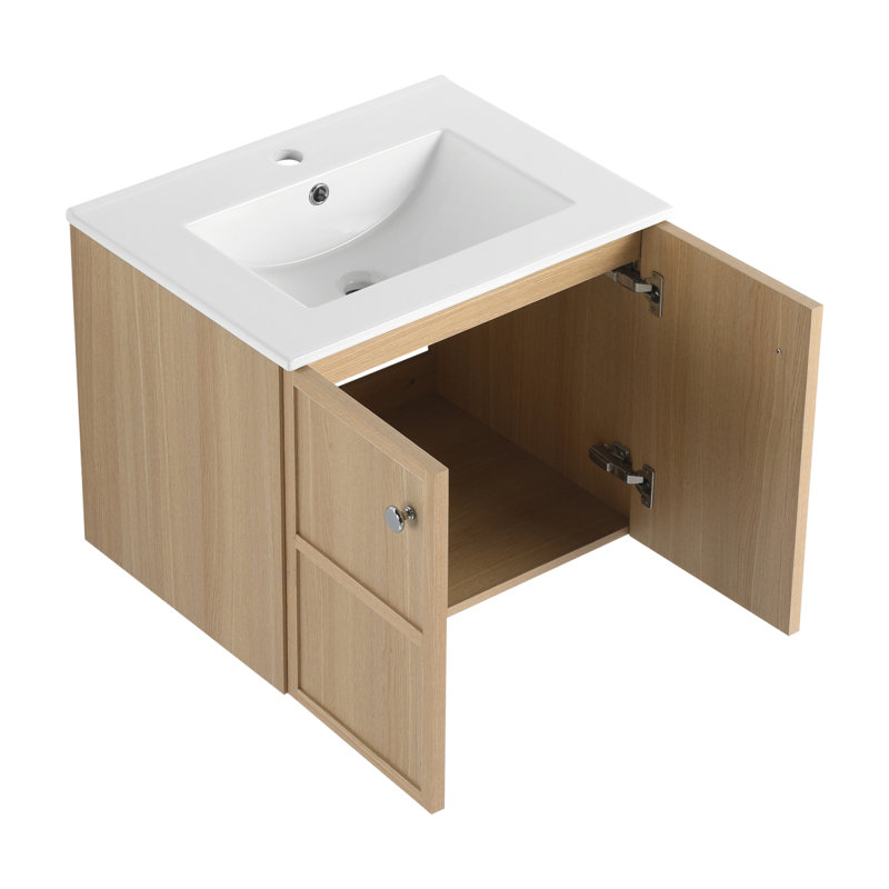 Lavabo de salle de bain mural 24 po, 2 portes à fermeture douce, chêne, contreplaqué, 24"
