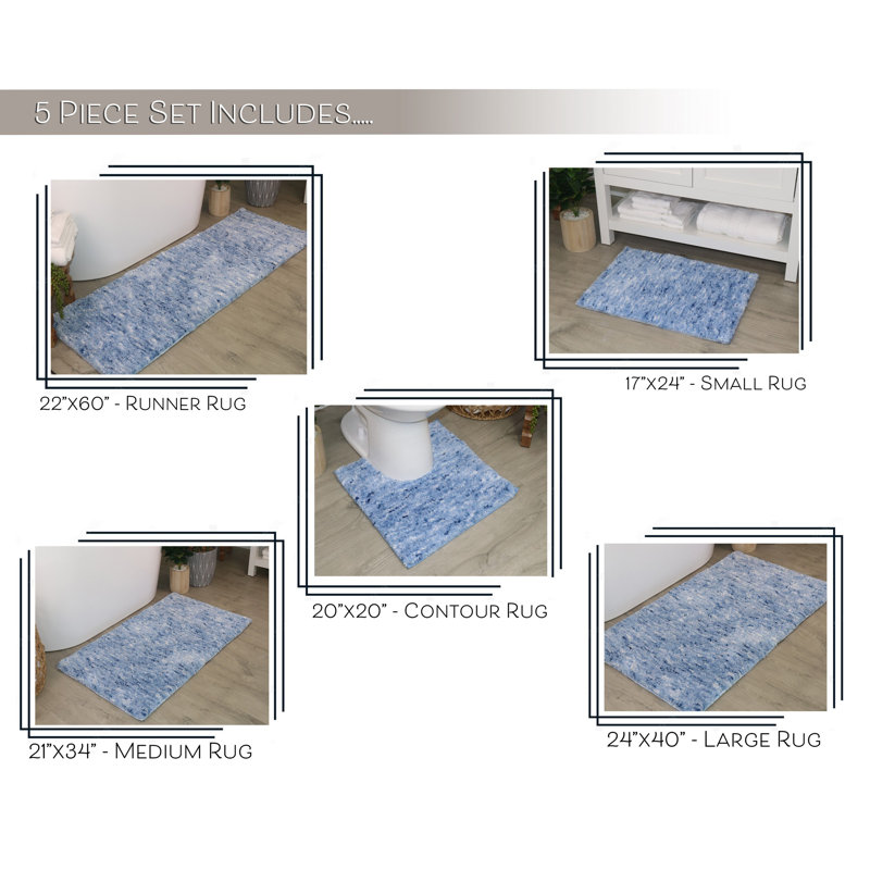 Cloud Comfort 100% Polyester Microfiber Bath Rug Set, Non Slip & Soft Shaggy Bath Rugs - 5Pc Set, Blue