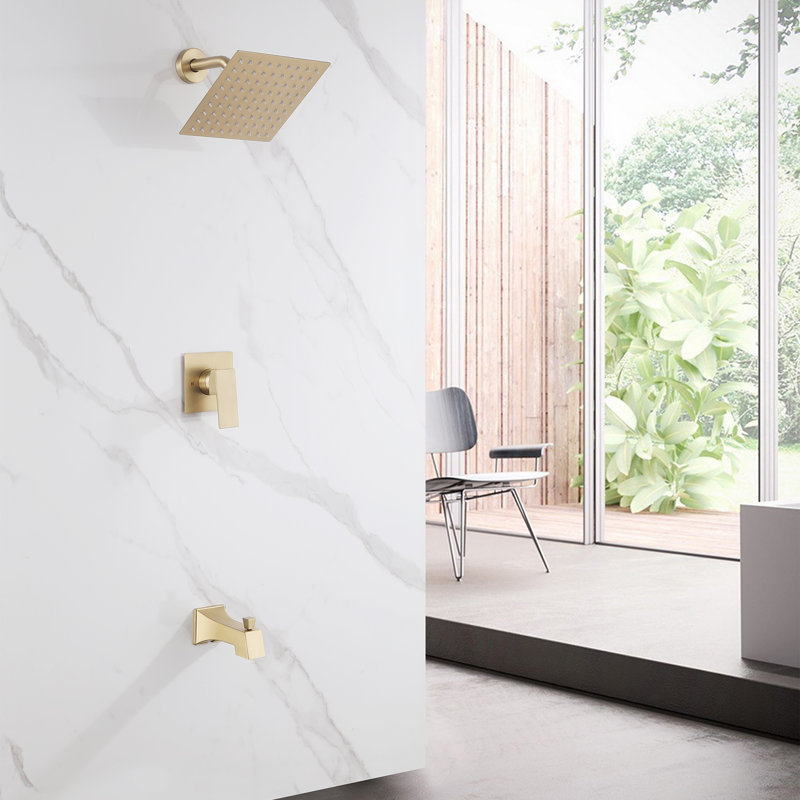Modern 7.87" Pressure Balance Wall Mounted Shower System with Tub Spout, Solid Brass Rain Shower Faucet Set with Swivel Shower Head