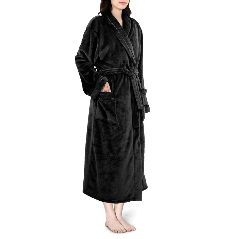 Peignoir mi-mollet en molleton avec poches, G / TG, Noir