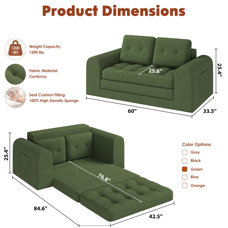 Canapé-lit convertible de 150 cm avec accoudoirs ronds en velours côtelé, futon pliable 2 places, aucun assemblage requis pour le salon ou la chambre.