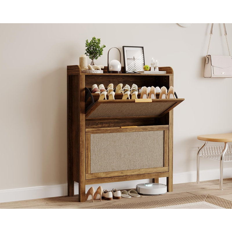 Farmhouse Rattan Shoe Cabinet, 32" Narrow Shoe Storage with 2 Flip Drawers for Entryway