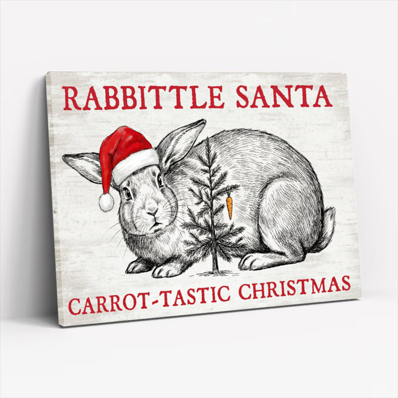 Tableau mural sur toile représentant un lapin Père Noël avec un chapeau rouge et un sapin de carottes, idéal pour la décoration de Noël à la maison, au bureau ou dans la chambre (1 pièce)