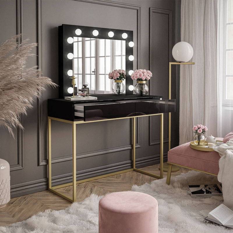 Antoniya Dressing Table with Mirror, Gold Matt/High Gloss Black