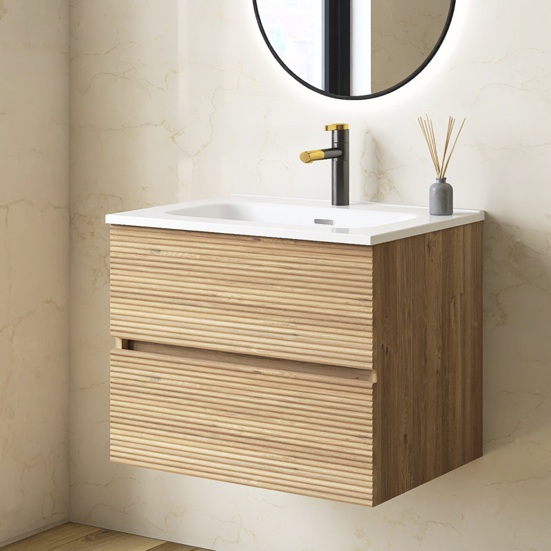 Meuble-lavabo flottant 24 po en chêne et noyer, lavabo intégré en céramique avec trop-plein et 3 trous de robinet, rangement spacieux pour les salles de bain modernes